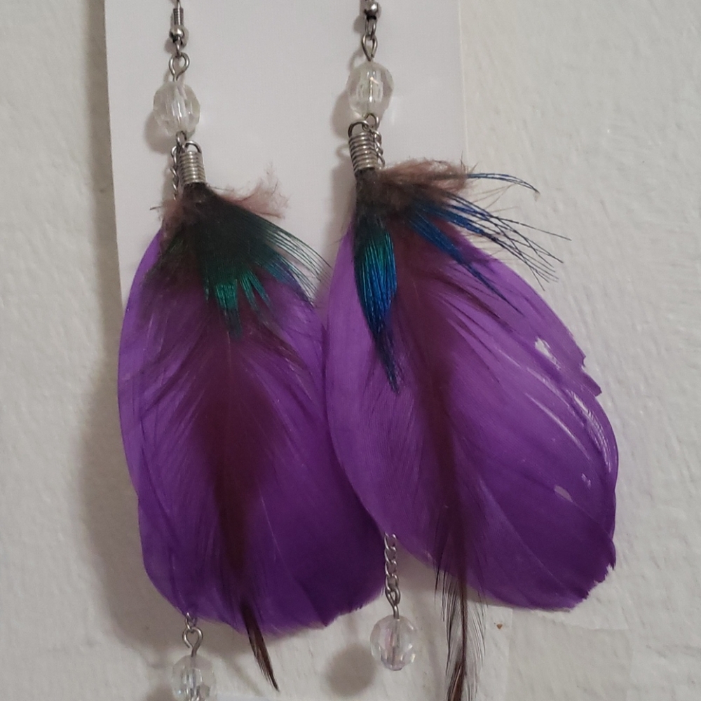 Purple feather earrings